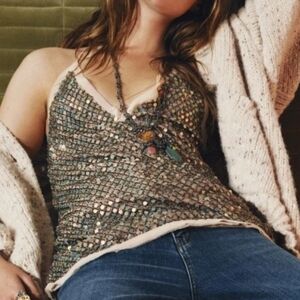 ZARA SEQUINS COPPER, PEARLESCENT CAMISOLE, FRAYED TOP SIZE M,